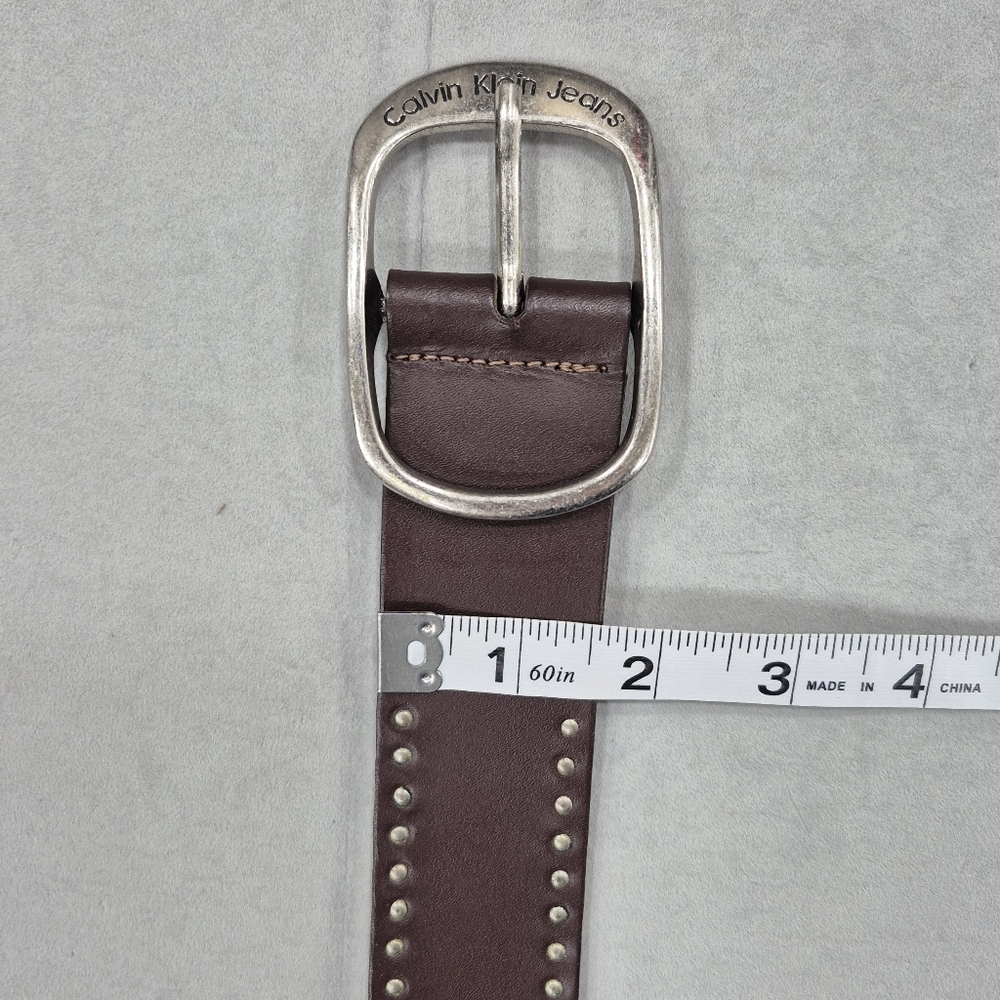 Calvin Klein belt women's large brown leather riveted studs silver logo buckle - Picture 11 of 15